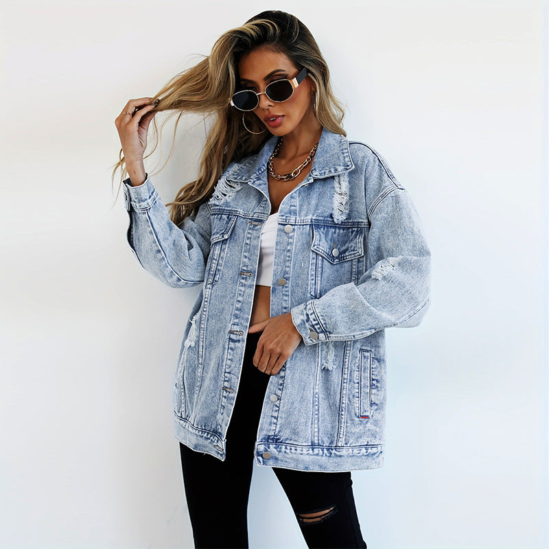 Women Denim Jacket Boyfriend-style Ripped Distressed