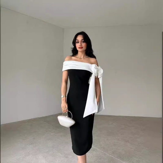 Women's Off-shoulder Bow Black And White Color Matching Elegant Cocktail Dress