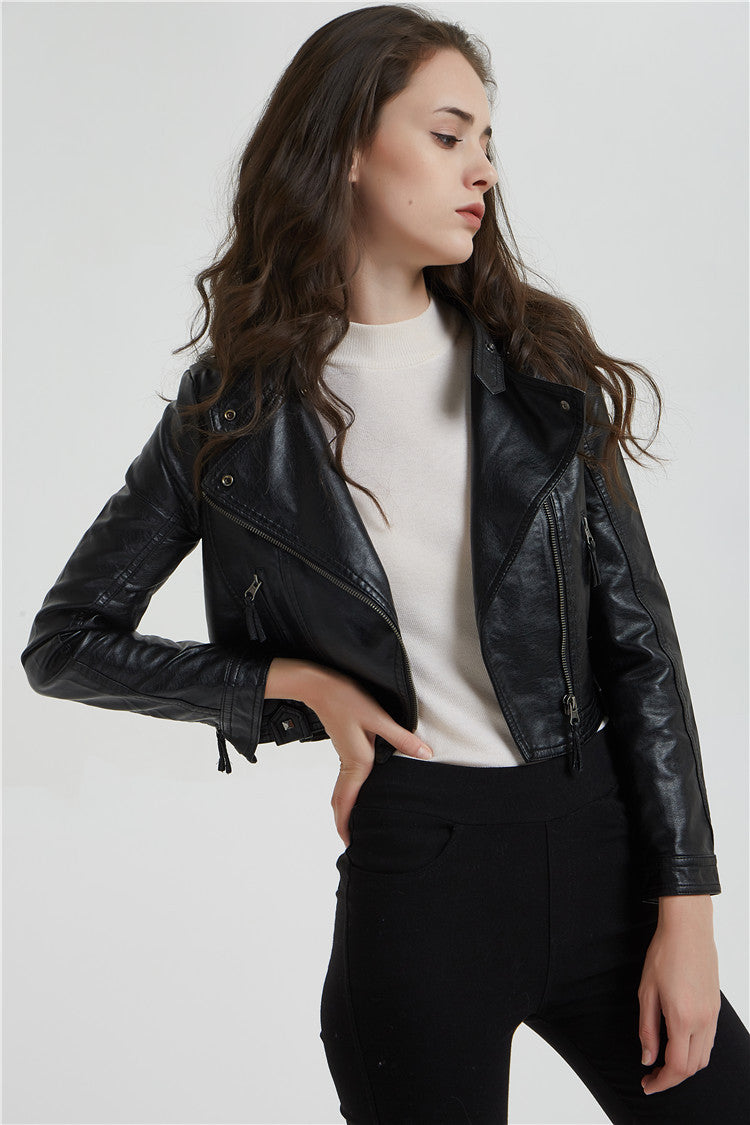 Fashion Women's Short Jacket With Washed Leather And Rivets