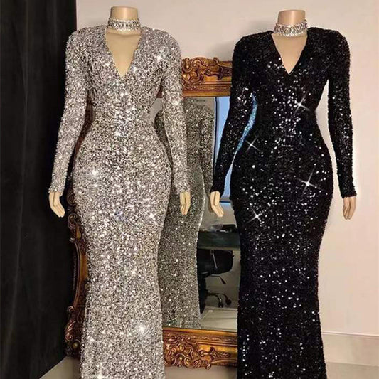 Grey Long Sleeve Sequin Evening Dress