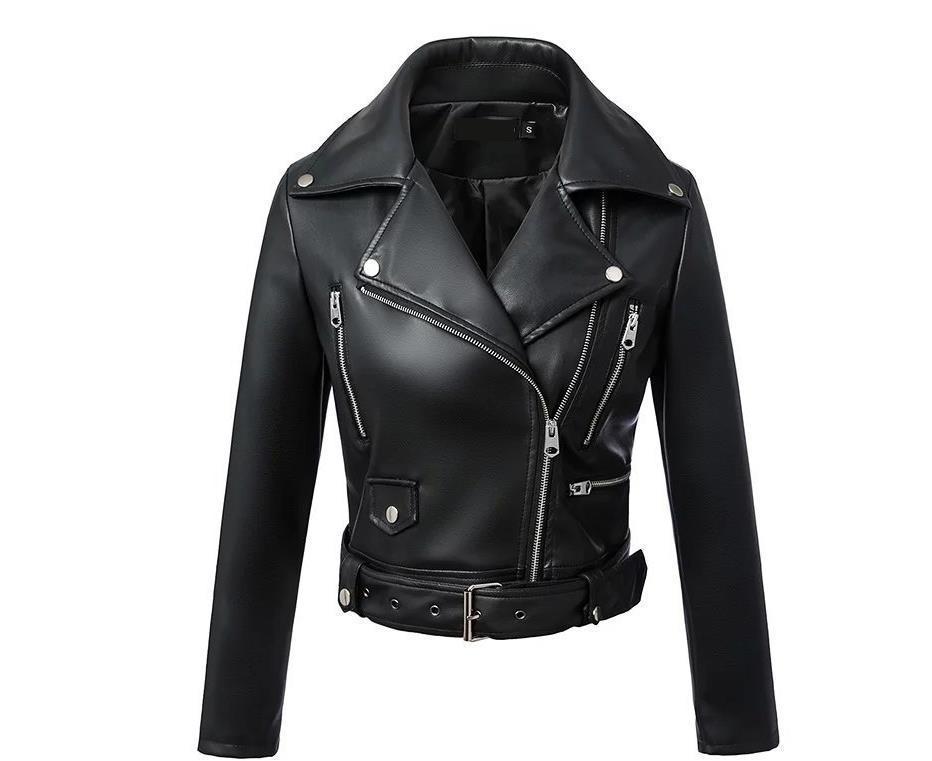 Women's Short Slim High Waist Motorcycle Leather Jacket