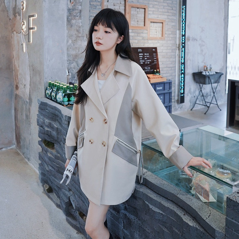 Loose Contrast Color Casual Creamy-white Short Trench Coat