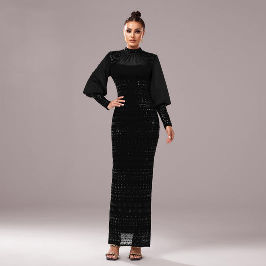 Long Sleeve Round Neck Sequins Slit Evening Dress