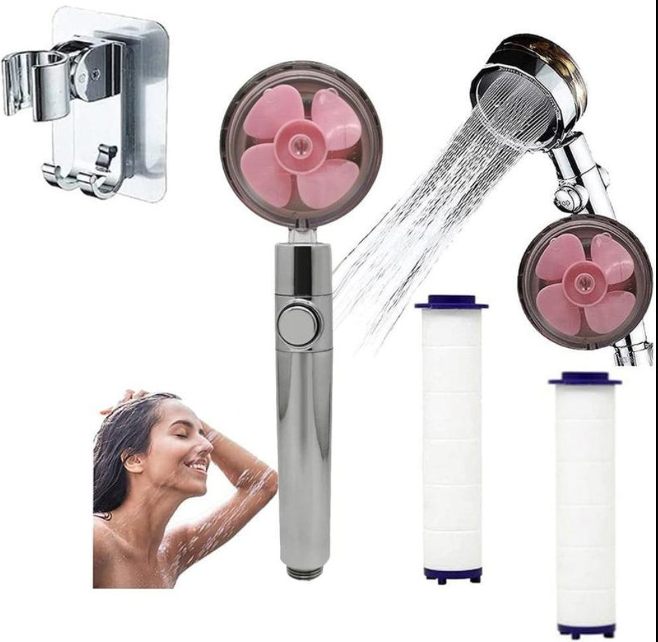 Propeller Driven Shower Head With Stop Button And Cotton Filter Turbocharged High Pressure Handheld Shower Nozzle