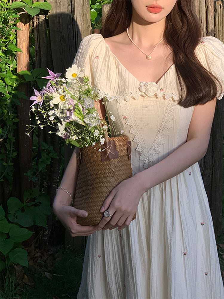 French Vintage Embroidered Floral Dress