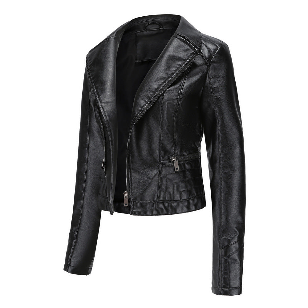 Womens Fashion Lapel Spring And Autumn Washed PU Leather Jacket