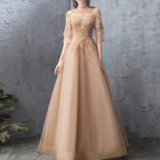 Banquet Evening Dress Female Golden Stand-up Collar Host Annual Party Dress Skirt