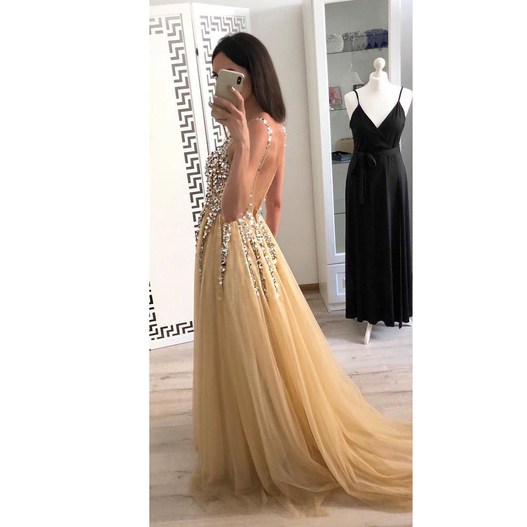 Hot Sale Front And Back V-neck Sequined Floor-length Dovetail Dress