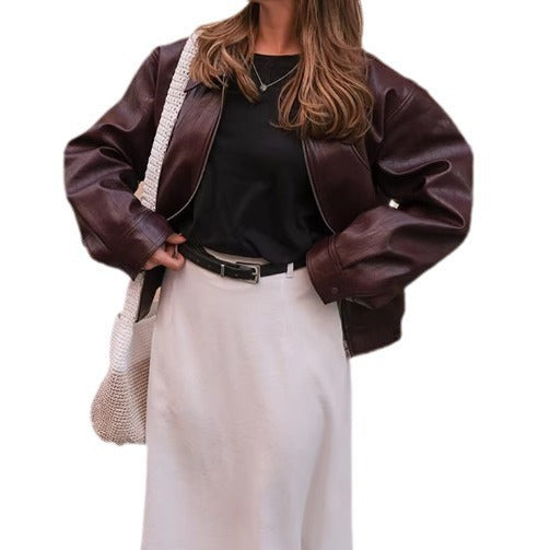 Long Sleeve Zipper Leather Lapel Baggy Coat