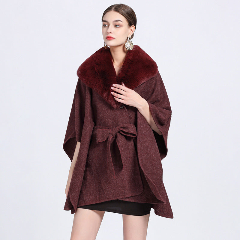 Faux Rex Rabbit Fur Collar Knit Shawl Cape