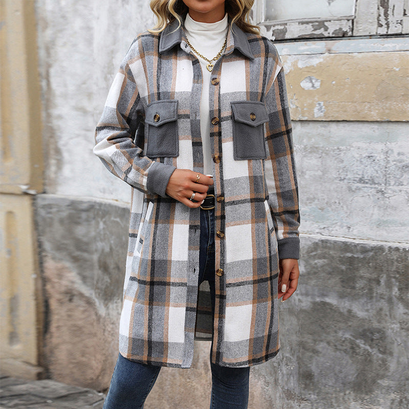 New Brushed Plaid Long Coat With Pockets Fashion Winter Jacket Outwear Women's Clothing