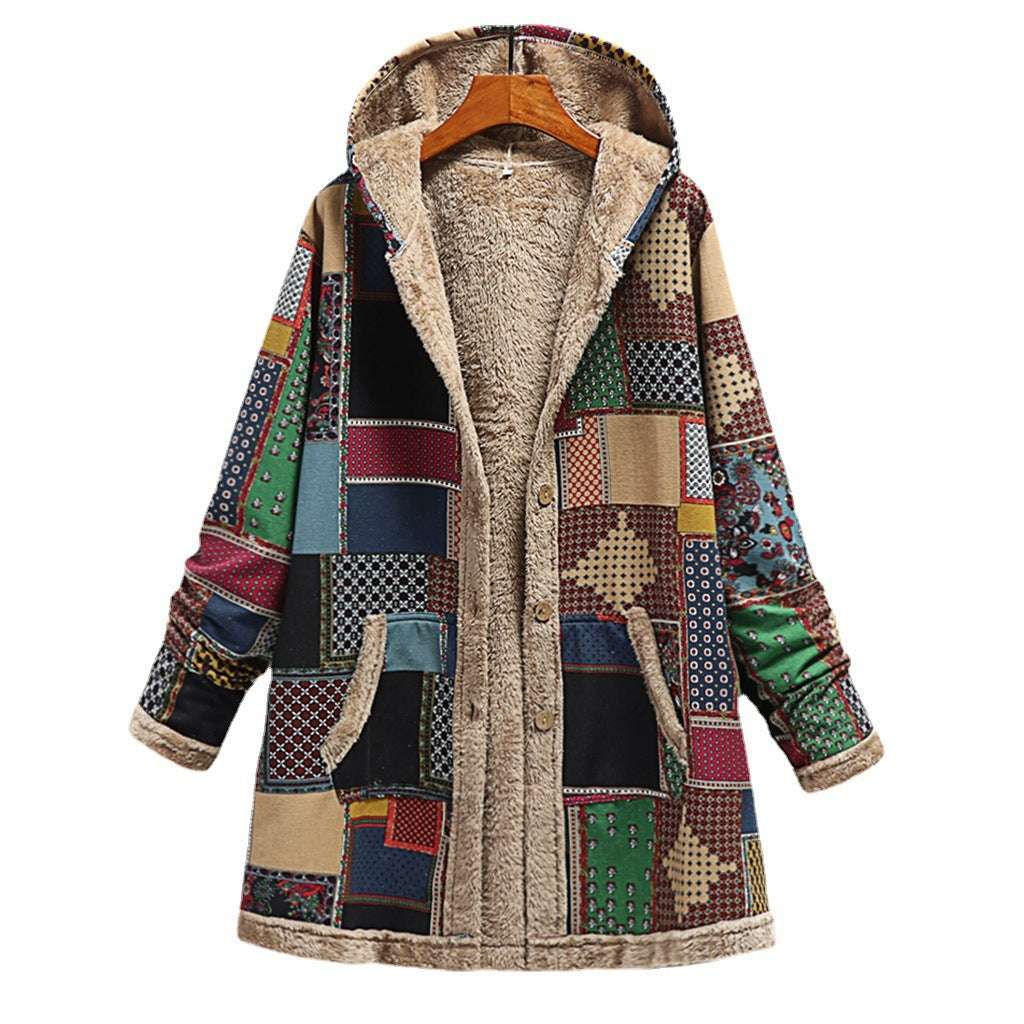 Women Cotton And Linen Printed Hoodie Warm Plush Coat