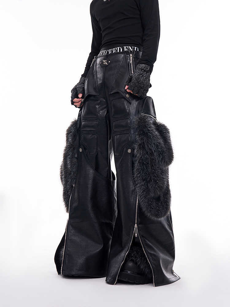 Structural Design Fur Stitching PU Leather Wide-leg Pants