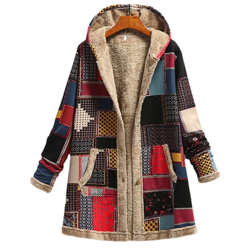 Women Cotton And Linen Printed Hoodie Warm Plush Coat