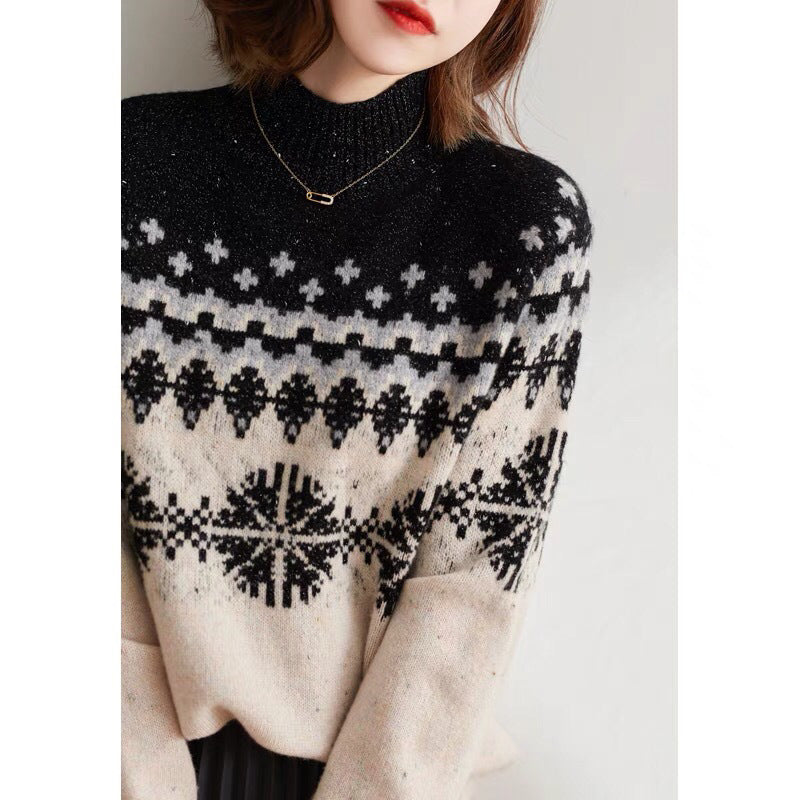 Autumn And Winter Spring New Half Turtleneck Knitted Snowflake Retro Loose Sweater