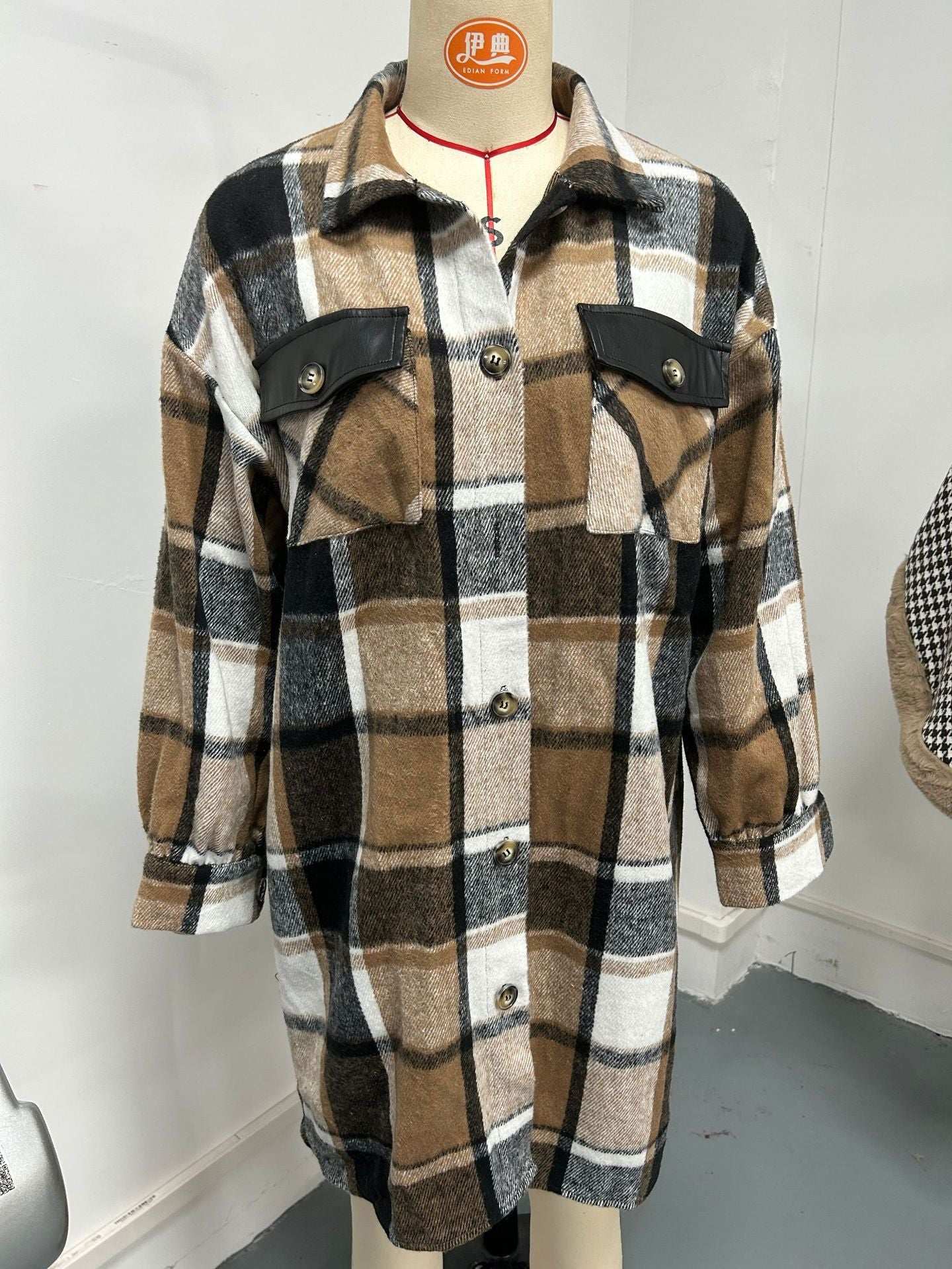 Women Casual Plaid Printed Pocket Long Jacket