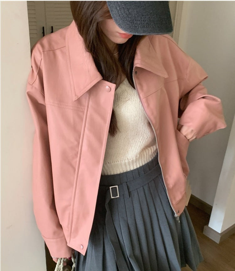 American Retro Lapels Cropped Leather Coat Female Sweet Cool Handsome