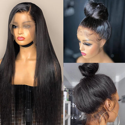 Real Human Hair Lace Wig Set - Straight Black Medium Length