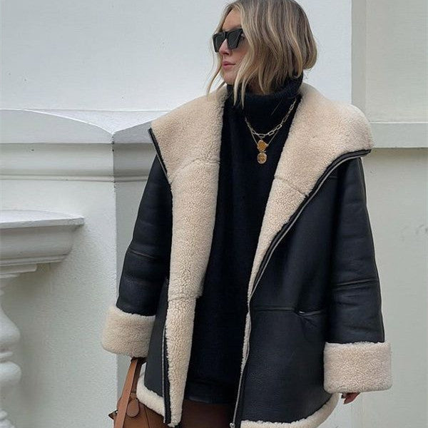 Fashion Cashmere Leather Fur Collar Composite Leather Coat