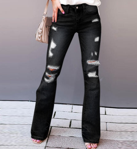 Autumn and winter micro-flare jeans straight-leg European and American women's ripped jeans