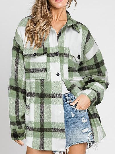 Women Casual Plaid Buckle Long Sleeve Jacket