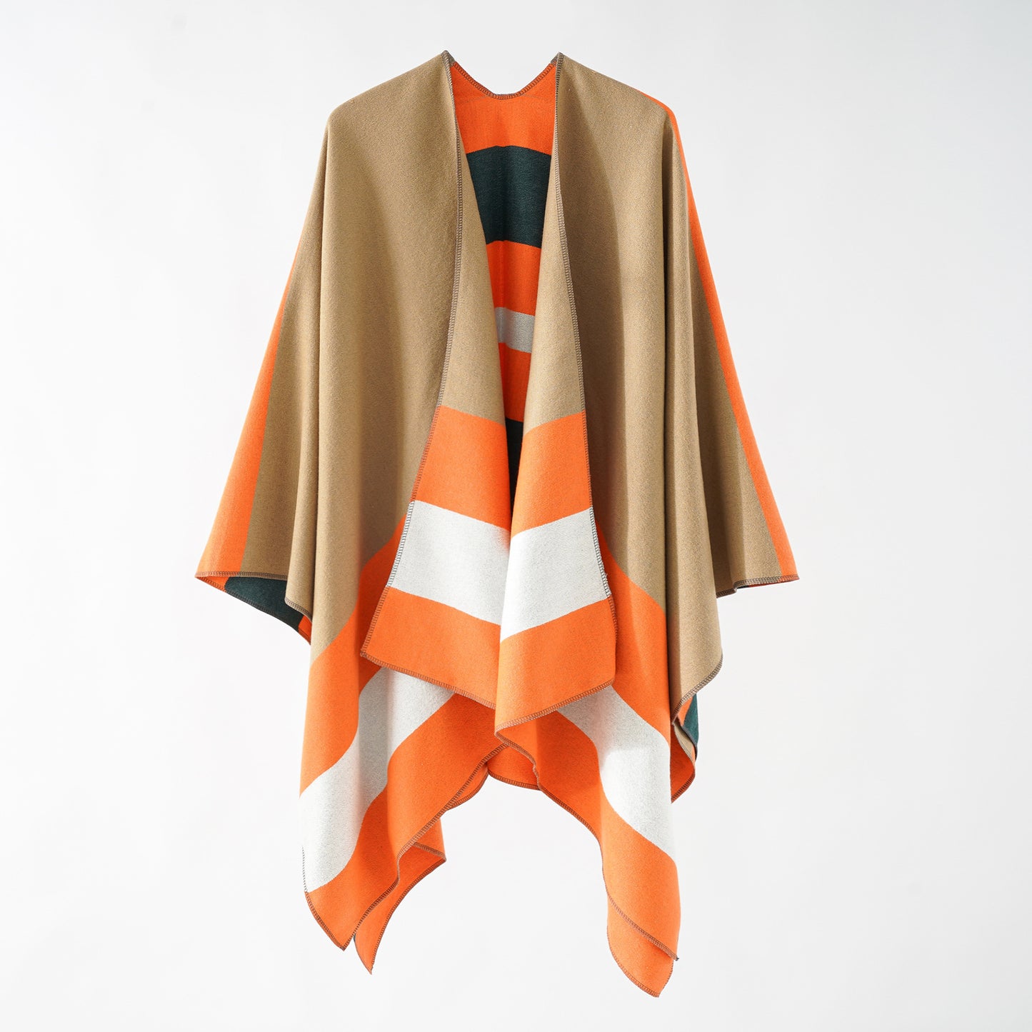 Double-sided Color Matching Plaid Cashmere-like Shawl Outer Match Cape Coat