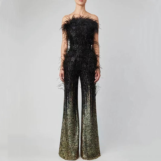 Ostrich Feather Gradient Sequin Tube Top Jumpsuit