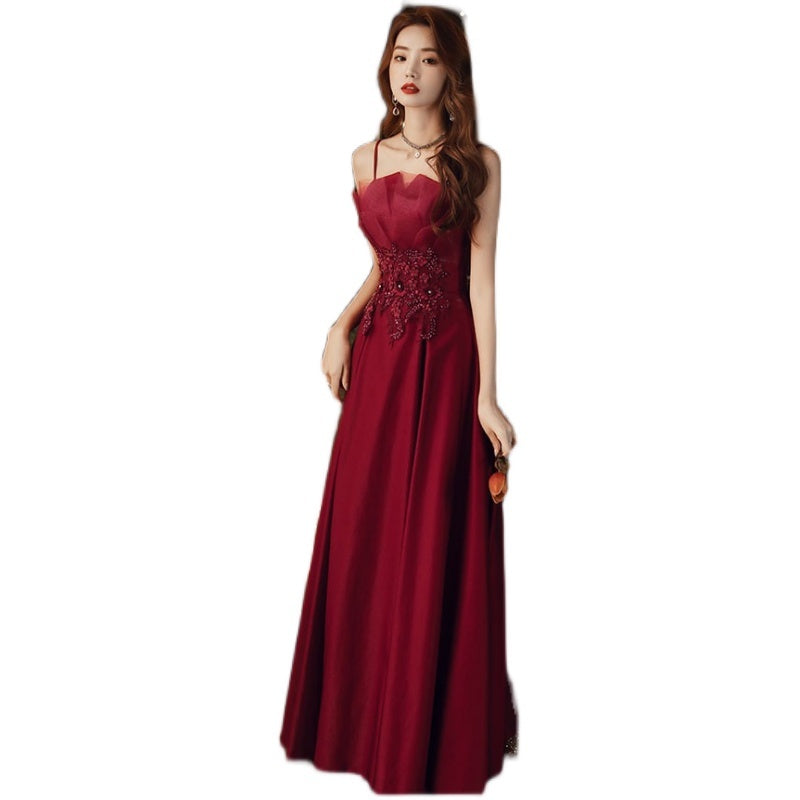 Engagement Strap Evening Dress Simple Atmosphere Wine Red