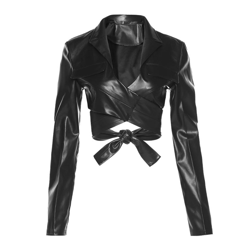 Cross StrapsWaist And ChestLong-sleeved Pu Leather Short Jacket Women