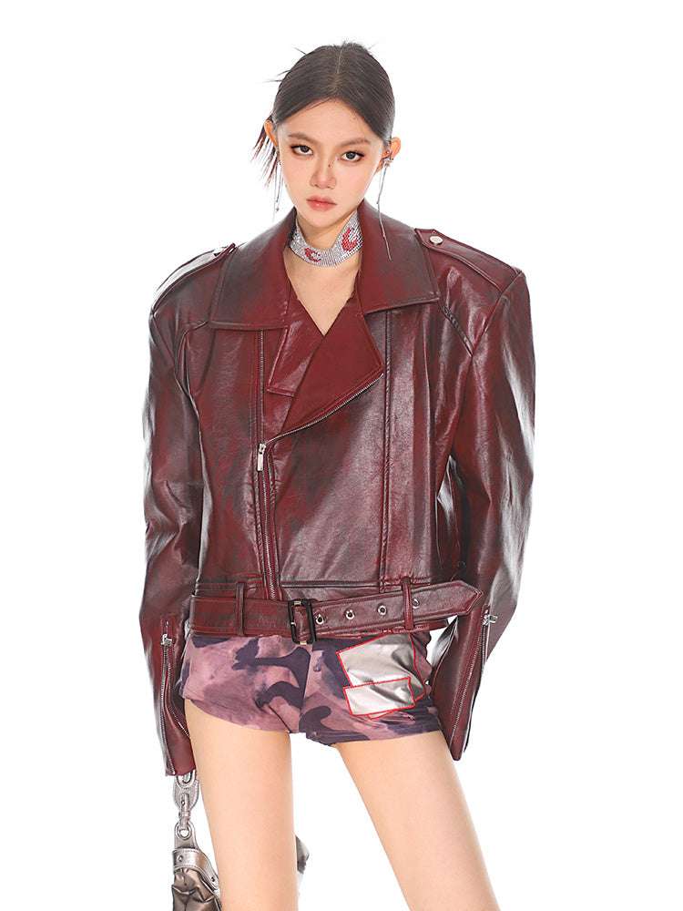 Stand Collar Jacket Motorcycle Leather Coat Women