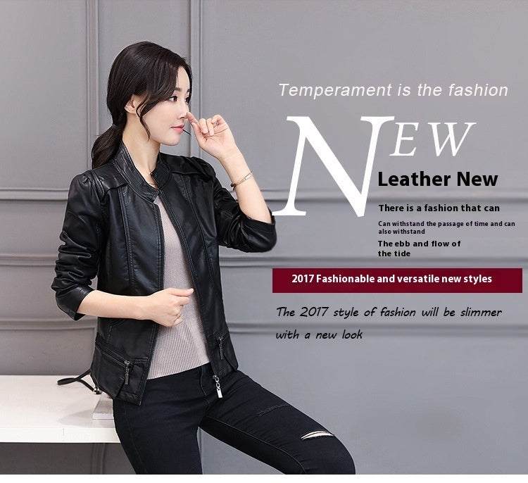 New Spring And Autumn Korean Style Motorcycle Stand-up Collar Slim Fit Slimming Leather Coat