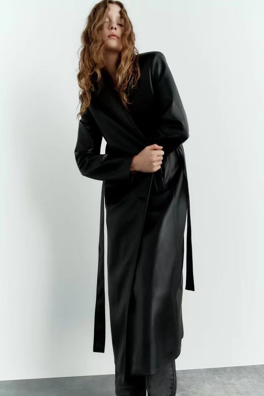 Women Long Leather Trench Coat With Belt