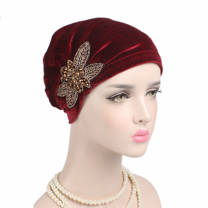 Beaded Flower Accessories Turban Hat Velvet Pleated Hood