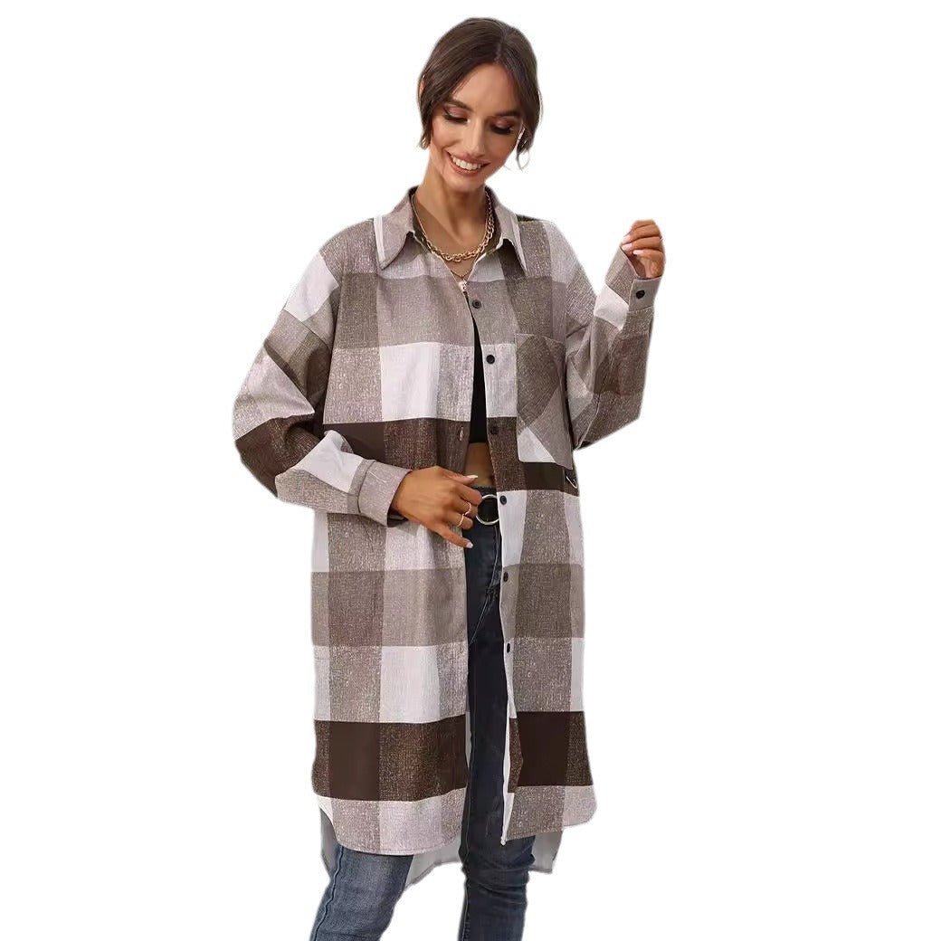 Women's Autumn And Winter Plaid Single-breasted Long Coat