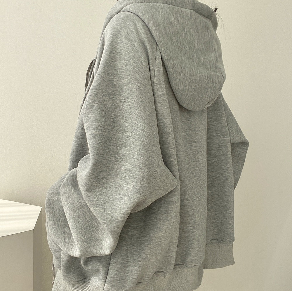 Fleece Thickened Solid Color Hooded Sweater Zipper