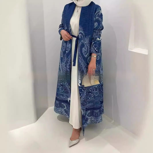 Pleated Trench Djellaba Hot-selling Printed Shawl Cardigan Ethnic Style Cloak Coat