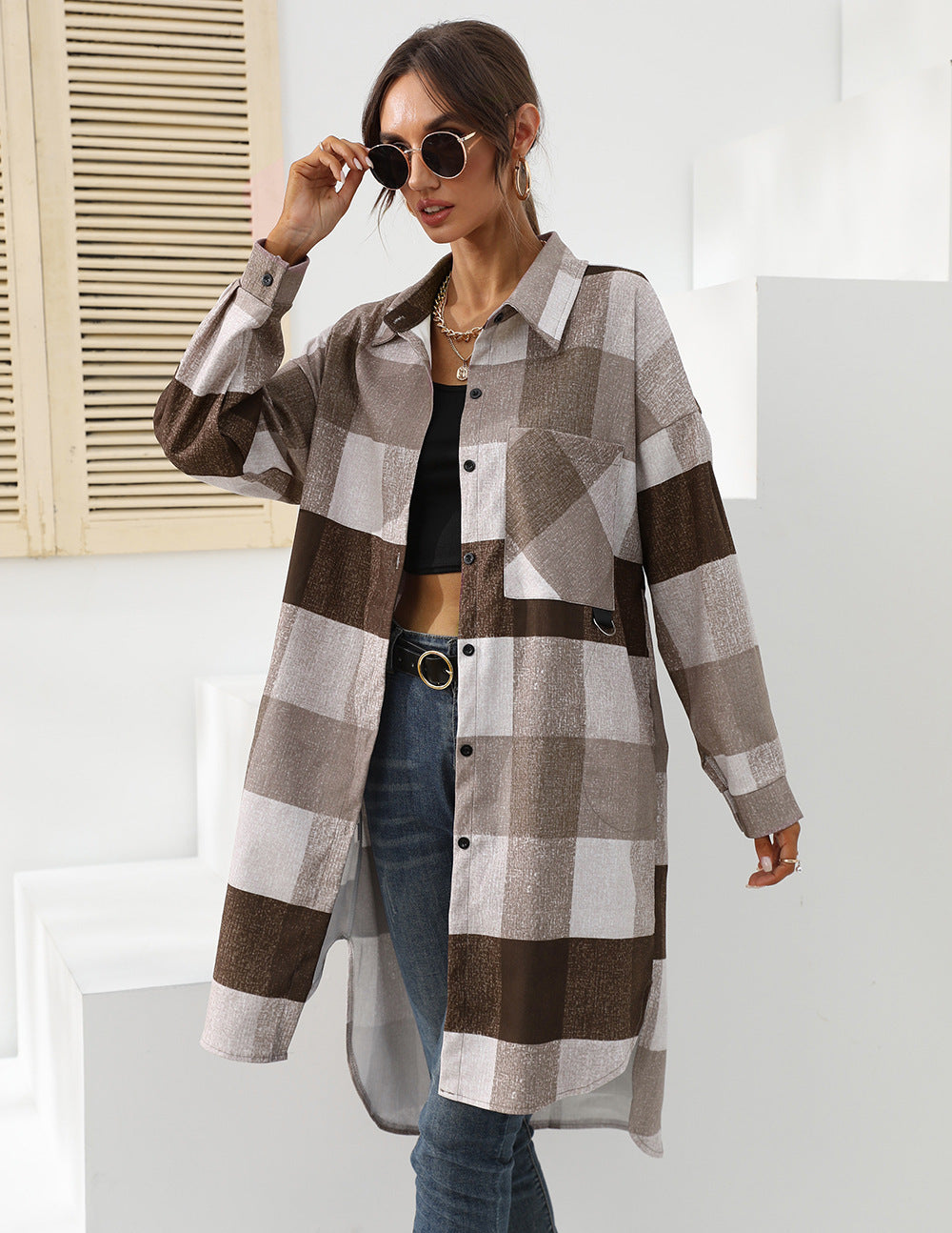 Women's Autumn And Winter Plaid Single-breasted Long Coat