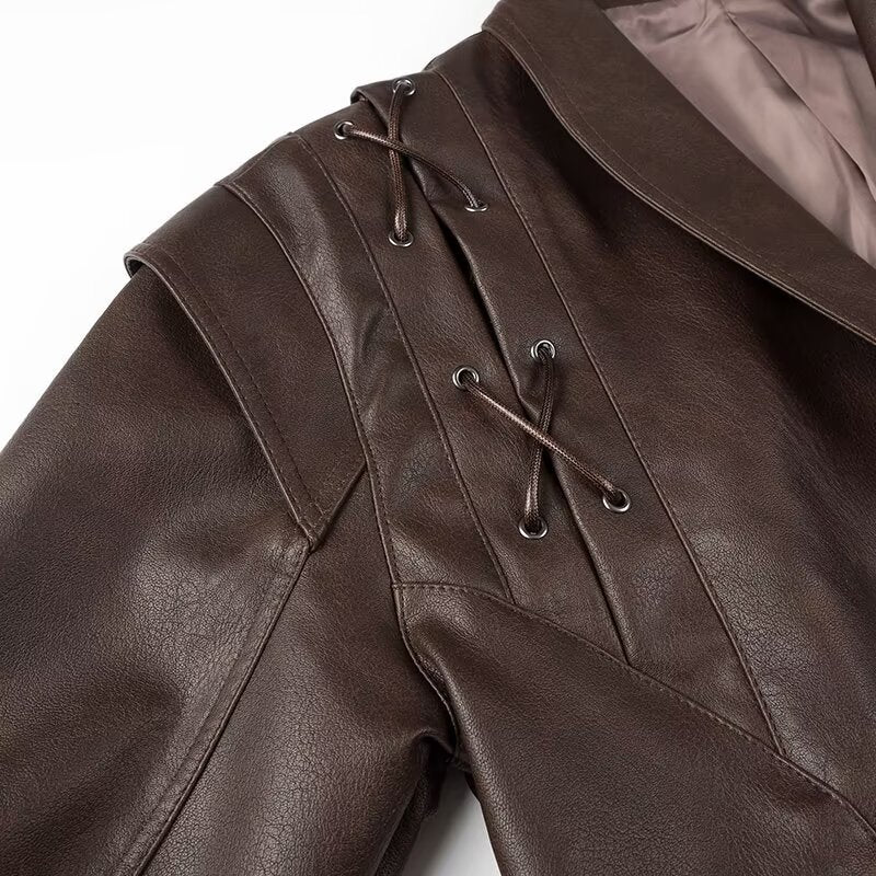 Coffee Brown Lace-up Loose Casual Leather Clothing Coat