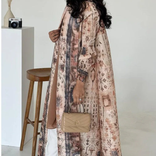 Pleated Trench Djellaba Hot-selling Printed Shawl Cardigan Ethnic Style Cloak Coat