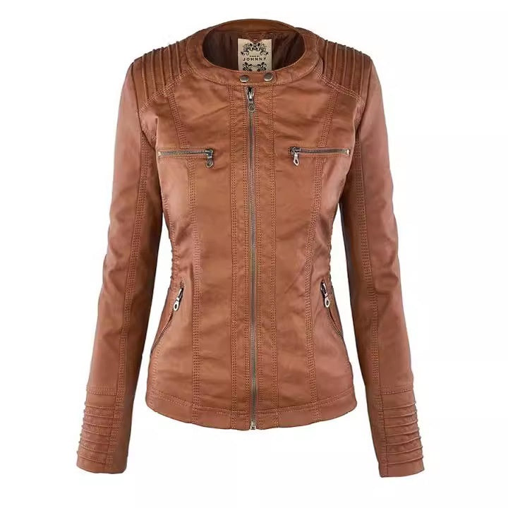 Women's Detachable Lapel Long Sleeve Solid Color Zipper Leather Jacket Coat