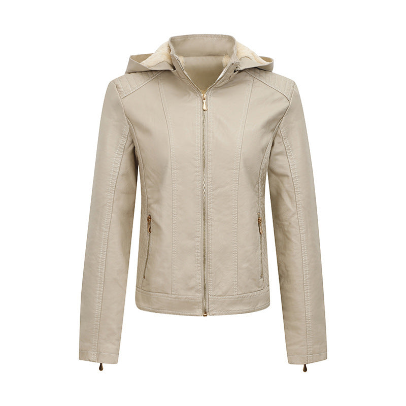 Women's Clothing Fleece-lined Thickened Leather Coat Hooded