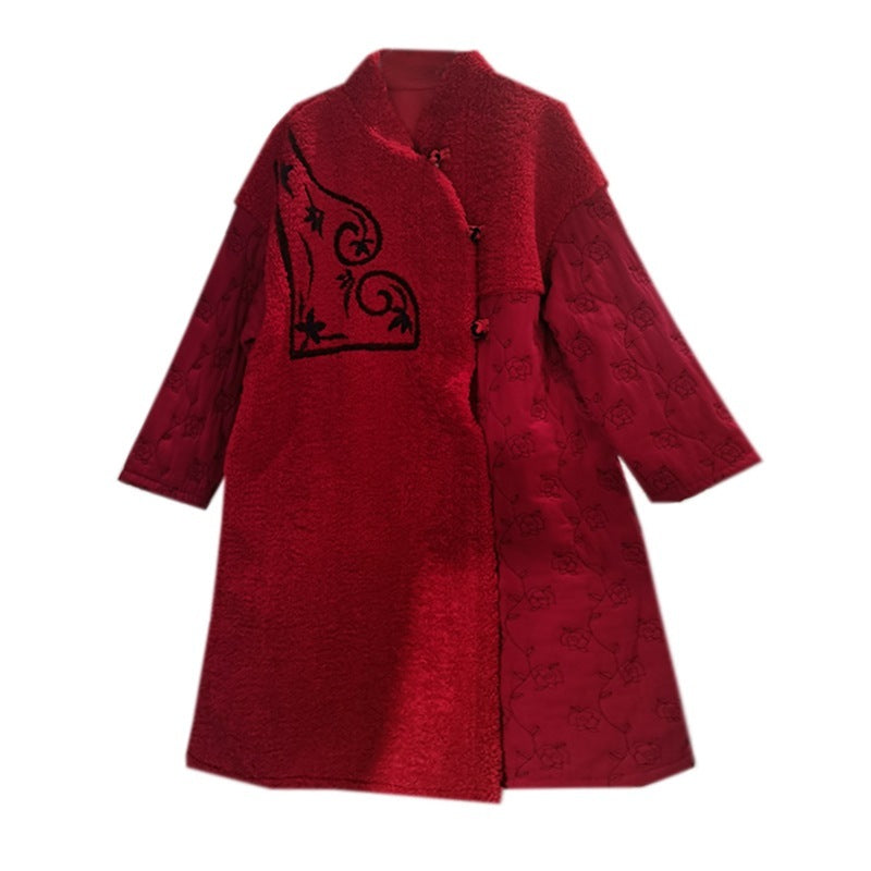 Chinese Style Embroidery Long Thickened Stitching Woman Cotton Dress Coat