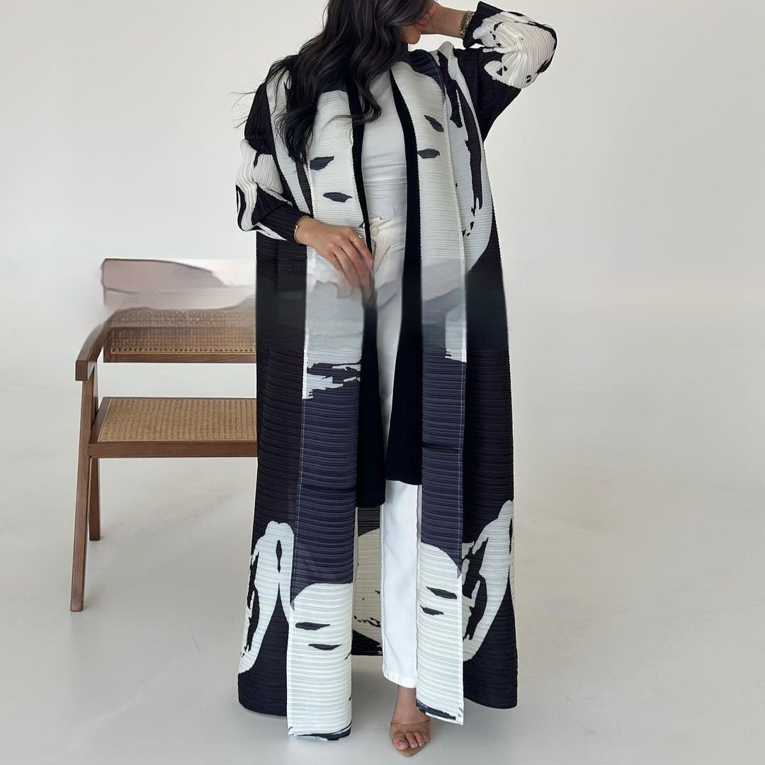 Pleated Trench Djellaba Hot-selling Printed Shawl Cardigan Ethnic Style Cloak Coat