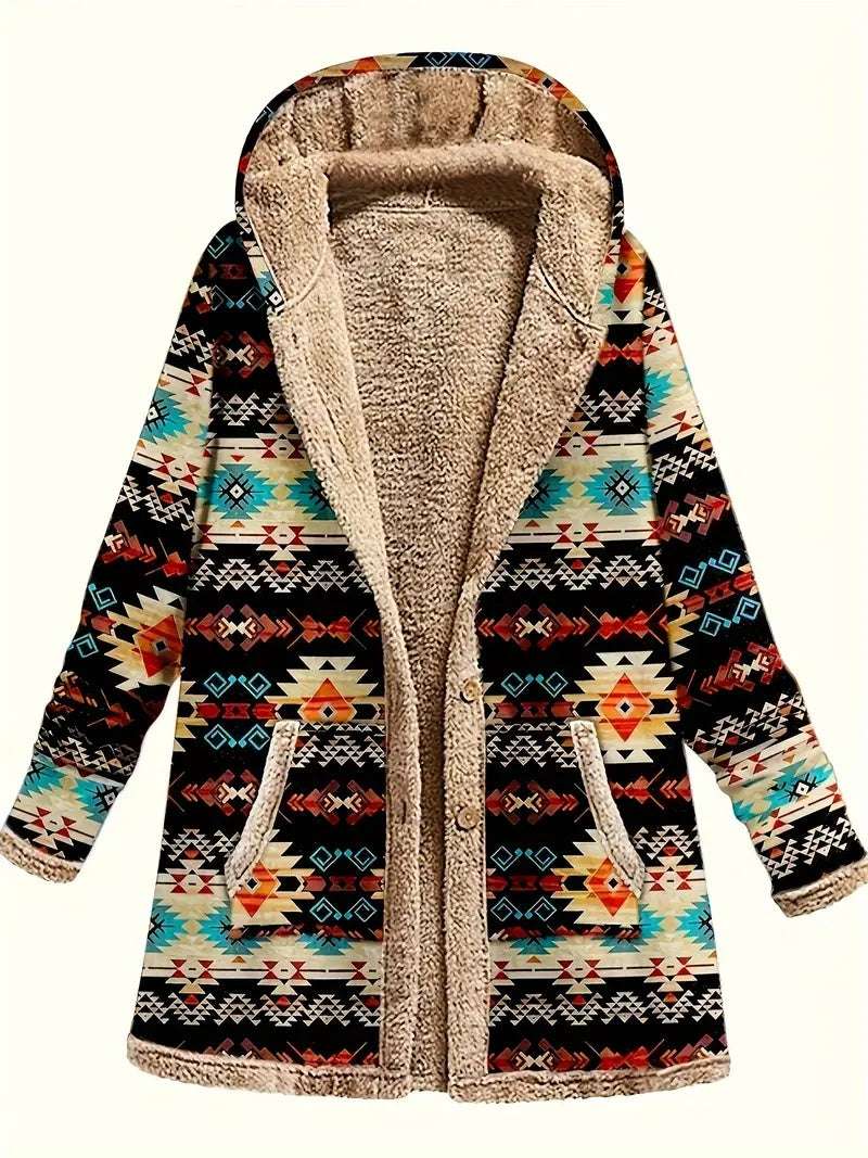 Women Cotton And Linen Printed Hoodie Warm Plush Coat