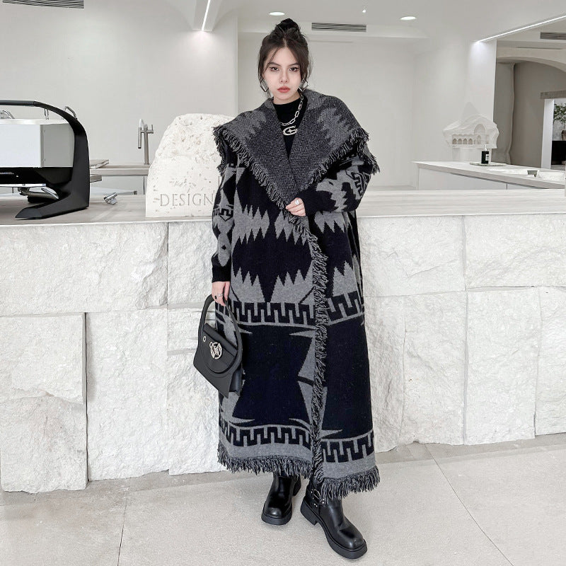 Niche Tassel Sweater Coat Lazy Winter Loose Knitted Cardigan Long-cut Coat