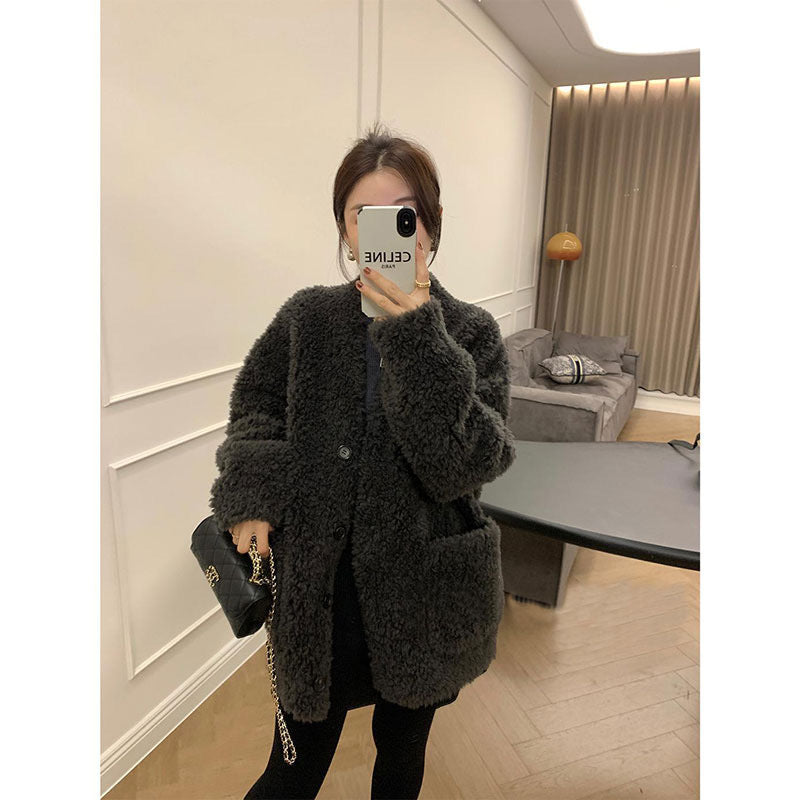 Loose And Warm Lamb Wool Top Coat For Women