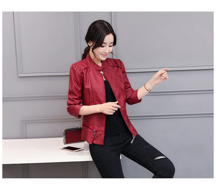 New Spring And Autumn Korean Style Motorcycle Stand-up Collar Slim Fit Slimming Leather Coat