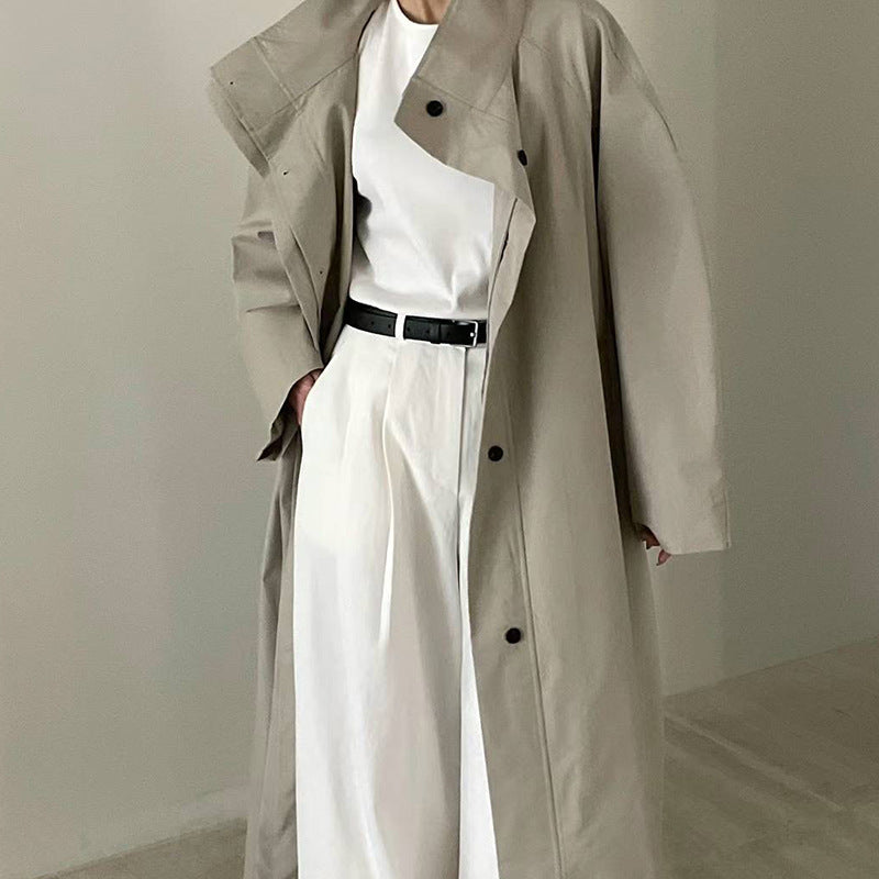 Autumn New Temperament Leisure Design Sense All-matching Long Stand-up Collar Tie Trench Coat