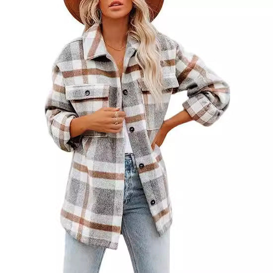 Women Casual Plaid Buckle Long Sleeve Jacket