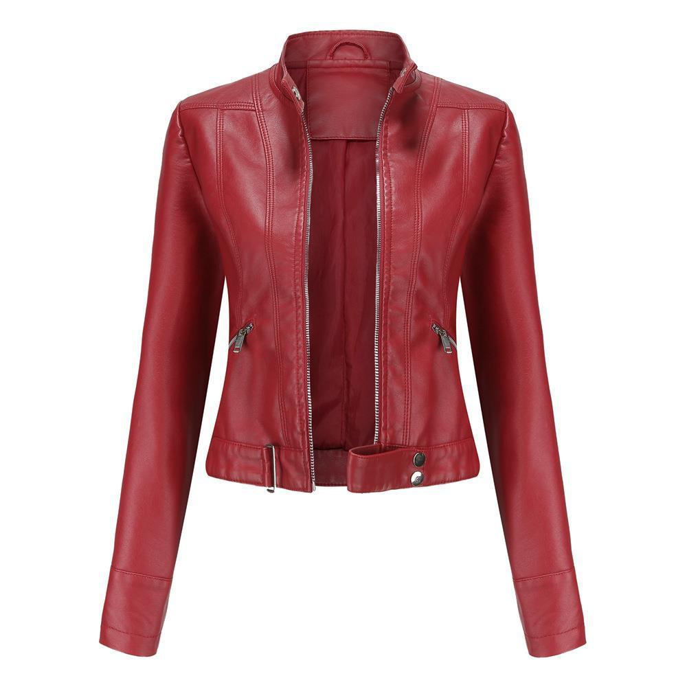 Women's Short Leather Jacket Stand Collar Jacket Thin